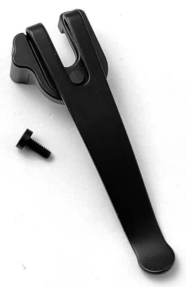 Black fork-mount pocket clip with a rounded tip, folded mounting structure and one loose screw