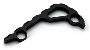 Black openwork backspacer-shaped part with two circular openings and a large central cutout