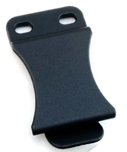 Black short folded clip with two oval mounting slots and a curved lower lip