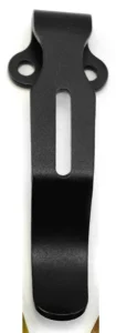 Black pocket clip with two mounting ears, a long central slot and a rounded lower end
