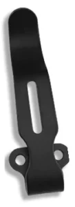 Black slotted pocket clip with two side mounting ears and a folded mounting end