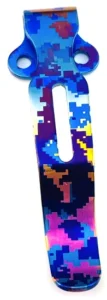 Multicolour pixel-pattern clip with two mounting ears, a long slot and rounded lower end