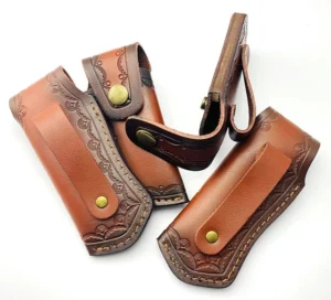 Brown stitched pouches showing rear straps, snap fasteners and a curved side view of the belt attachment