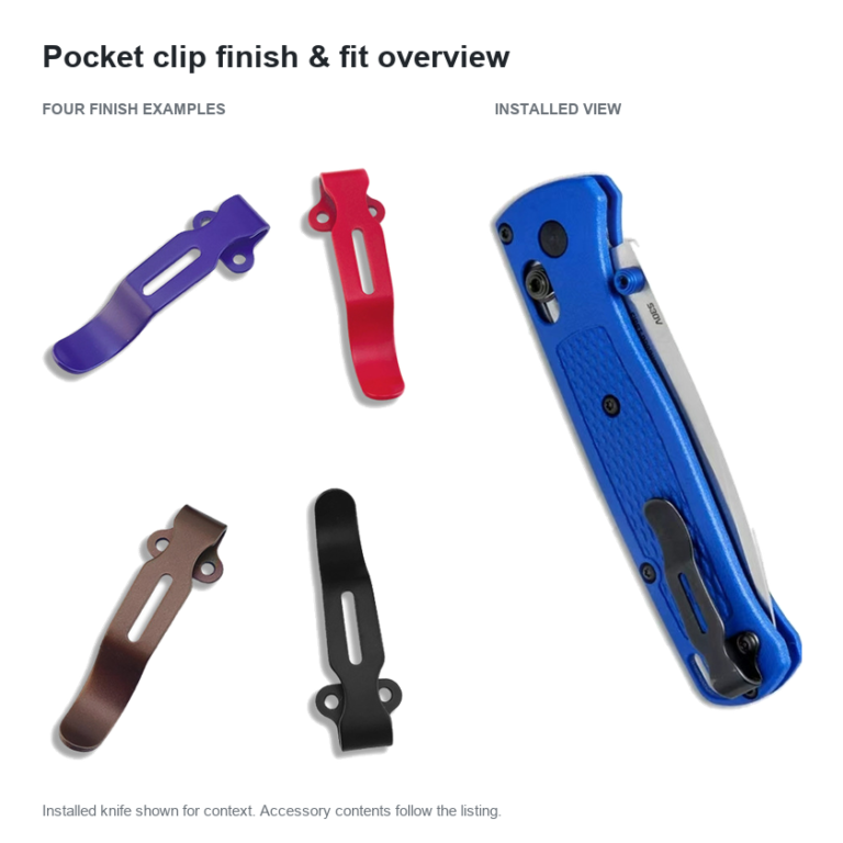 Four loose slotted pocket clips in purple, red, bronze-tone and black, beside the source photograph of a black clip installed on a blue folding knife