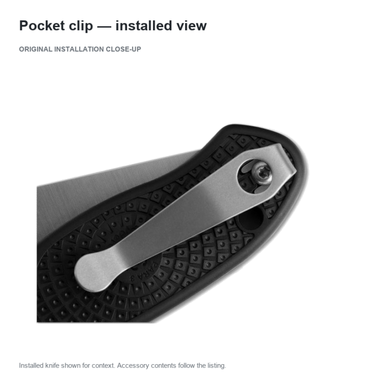 Silver-tone pocket clip and mounting screw on a textured black handle, retaining the source diagonal installed close-up