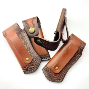 Brown stitched pouches showing rear straps, snap fasteners and a curved side view of the belt attachment