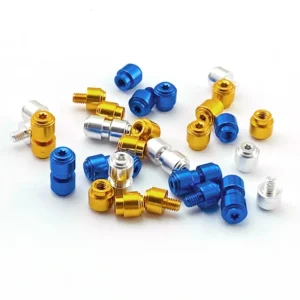 Blue, gold-tone and silver-tone cylindrical stud components with visible threaded shafts and sockets