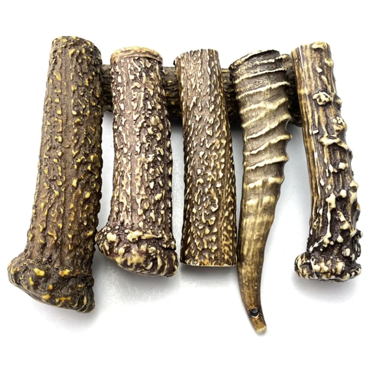 Five irregular handle-material pieces with dark ridges and pale raised surface areas
