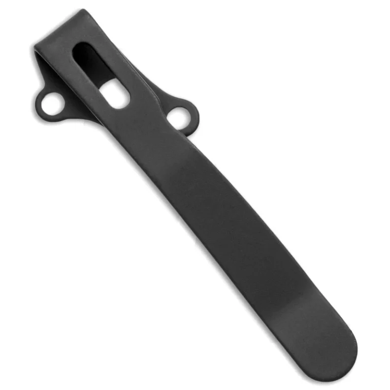 One black pocket clip with an elongated slot and two round mounting ears on a white background