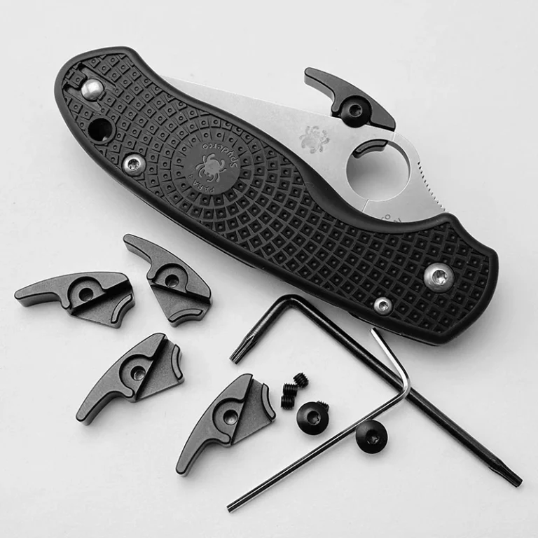 Black opening attachments, screws and hex keys beside an installed example on a handle marked PARA3