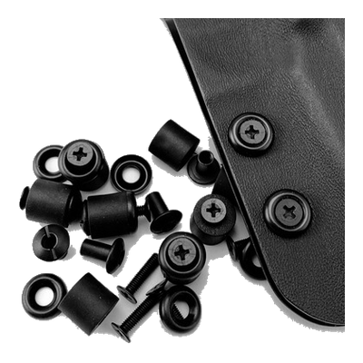 All visible black screws, posts and spacers beside the original dark sheath with installed fasteners