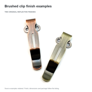 Two slotted clips with brushed warm-tone upper surfaces, dark reflective lower areas and lateral mounting ears