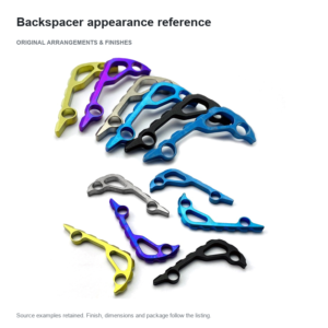Openwork backspacer examples in yellow, purple, gray, blue and black finishes in two arrangements