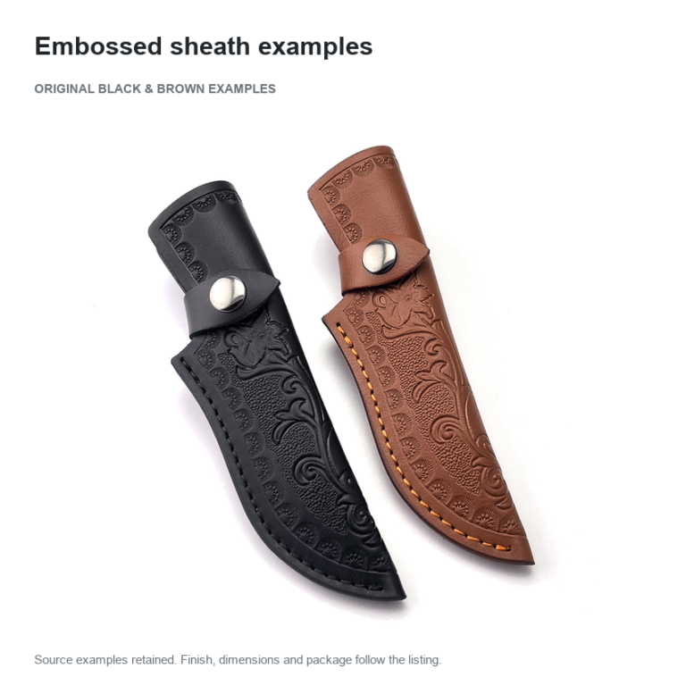 Black and brown curved stitched sheaths with embossed floral patterns and snap-fastened retaining straps