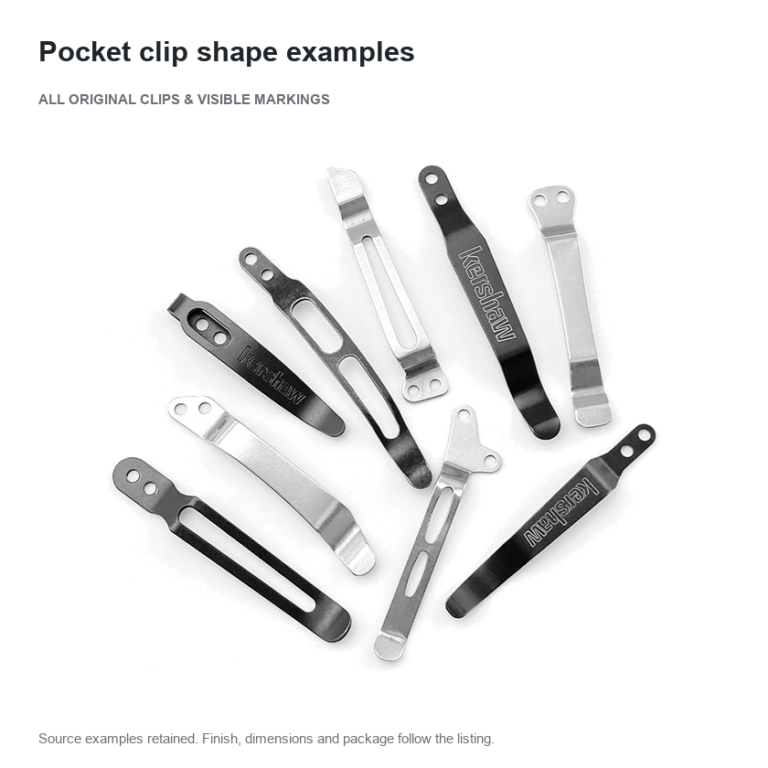 Black and silver-tone pocket clips in varied shapes and mounting-hole patterns, retaining visible Kershaw wording