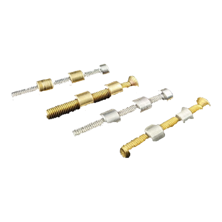 Four complete foreground fastener assemblies with gold-tone and silver-tone threaded shafts and paired cylindrical fittings, retaining their original relative arrangement