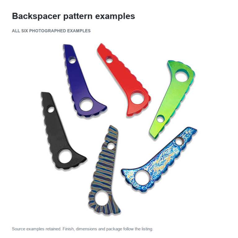 Six backspacer finish examples with plain colors and patterned surfaces
