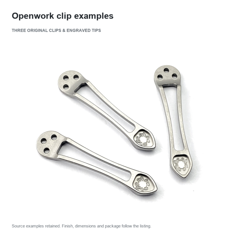 Three silver-tone openwork clips with triangular three-hole mounting ends and the original engraved tip patterns