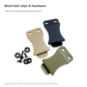 Black, tan and green short belt clips beside the photographed loose mounting hardware
