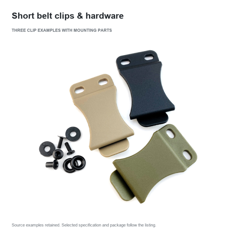 Black, tan and green short belt clips beside the photographed loose mounting hardware