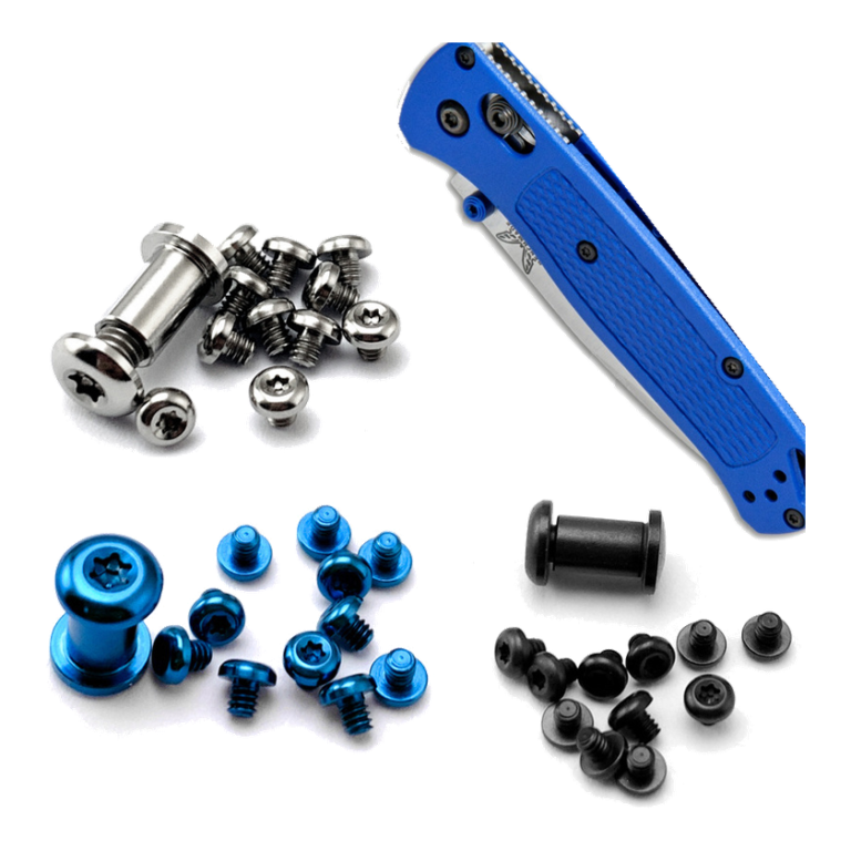 Three original silver-tone, blue and black hardware arrangements with the actual blue-handled folding knife shown for installation context