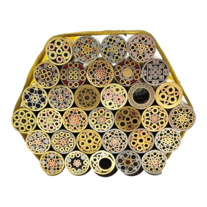 The complete source bundle of circular mosaic pin ends with varied brass-tone, copper-tone and silver-tone patterns and its original securing band