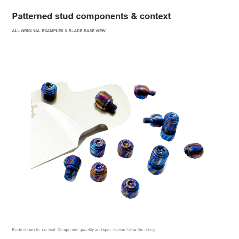 All patterned stud components and the original blade-base context, retaining the photographed male threads, open ends and surface patterns