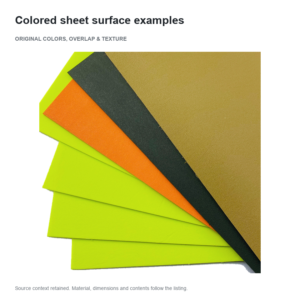 Layered yellow-green, orange, dark green and tan sheet examples with original textured surfaces
