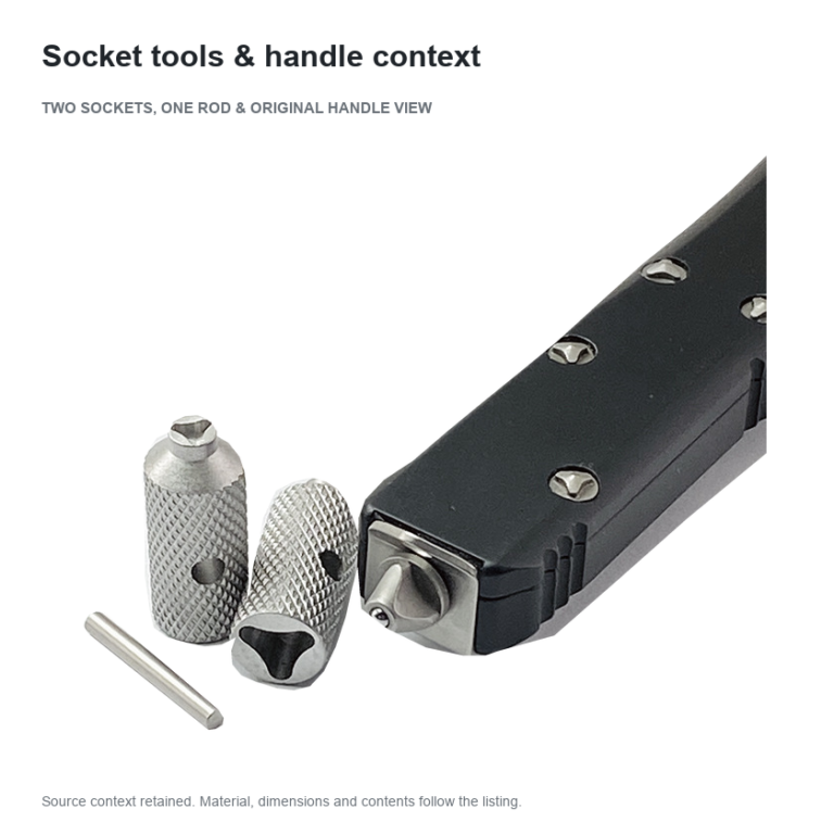 Two knurled socket tools and a short rod beside the original partial black handle context